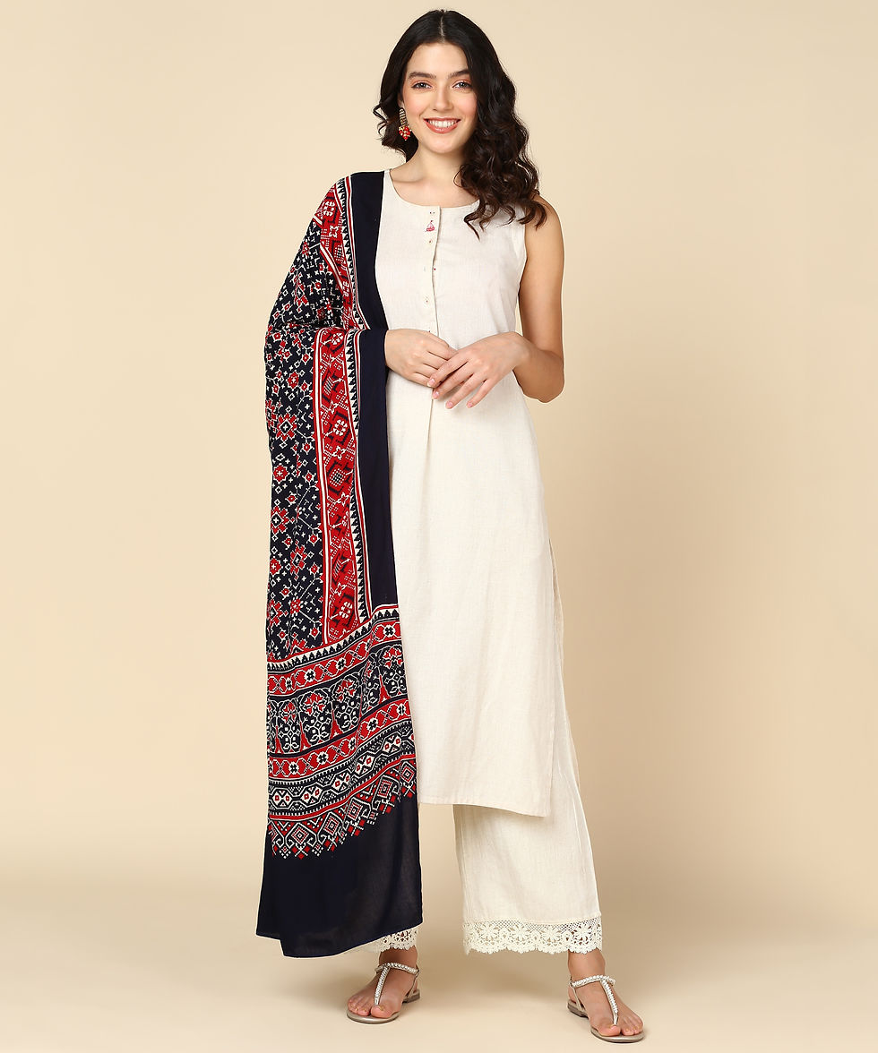 Thumbnail: Ajrakh Print Premium Rayon Dupatta (Navy Blue)
