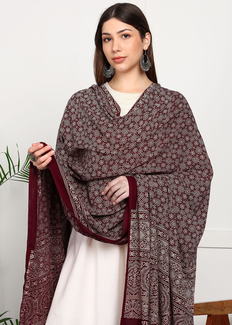 Thumbnail: Ajrakh Block Print Rayon Dupatta (Maroon)