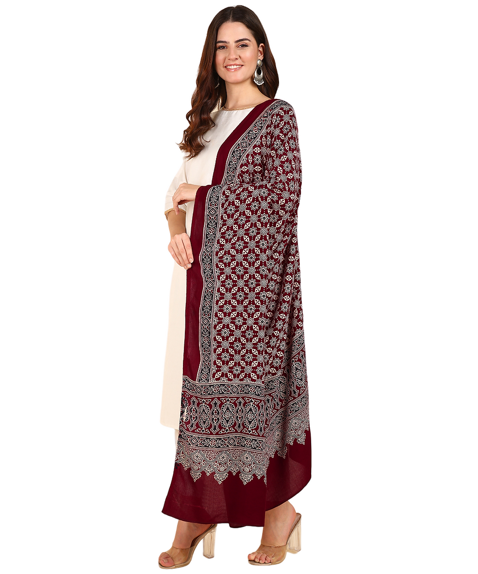 Thumbnail: Ajrakh Print Premium Rayon Dupatta (Maroon)