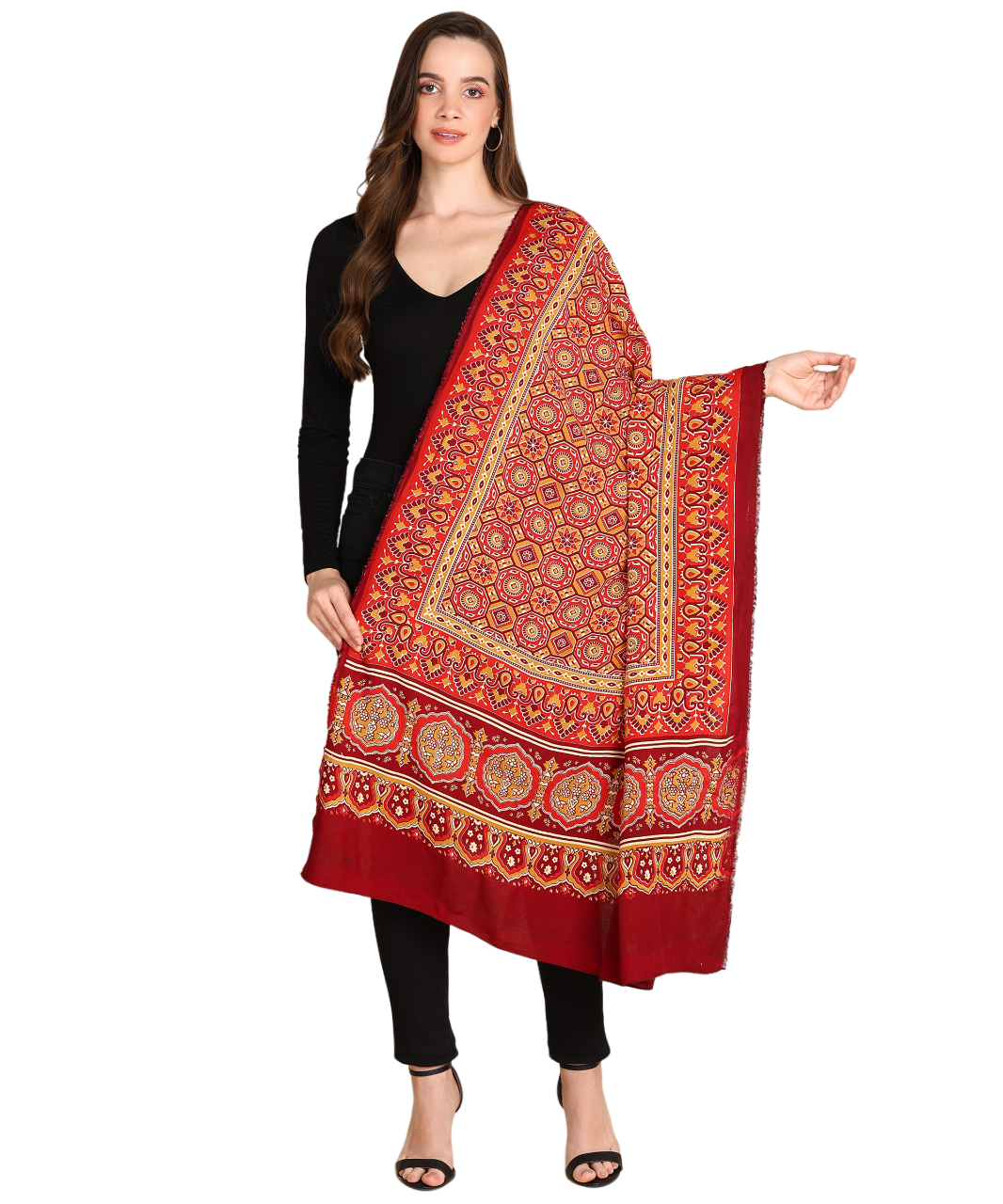 Ajrakh Print Premium Rayon Dupatta (Maroon)