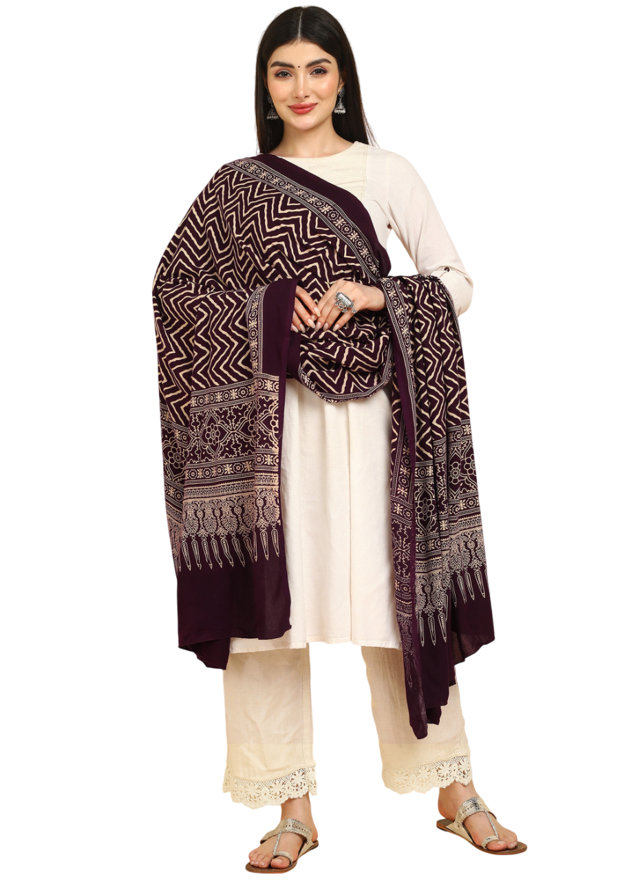 Thumbnail: Ajrakh Block Print Rayon Dupatta (Wine)