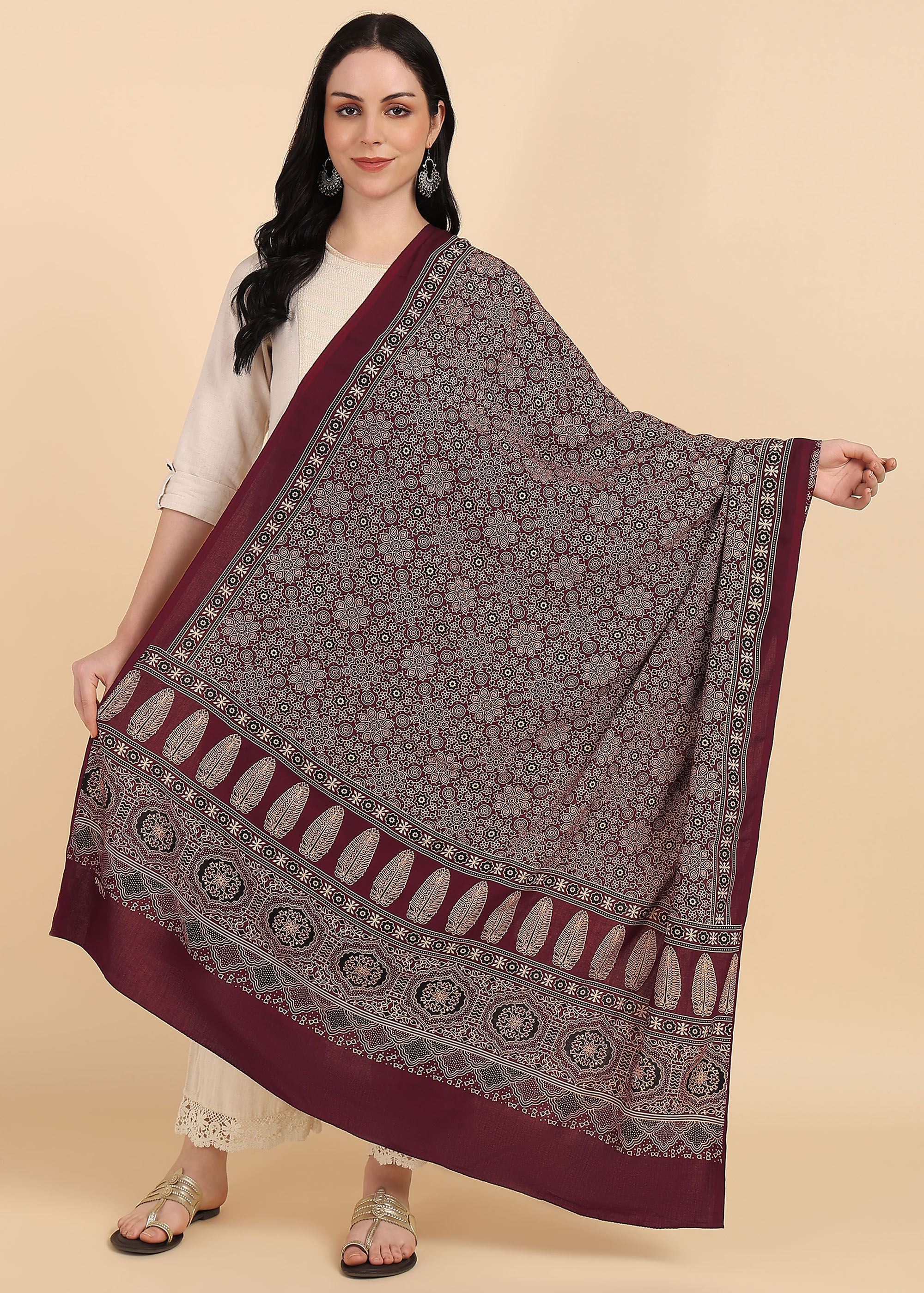 Ajrakh Block Print Rayon Dupatta (Maroon)