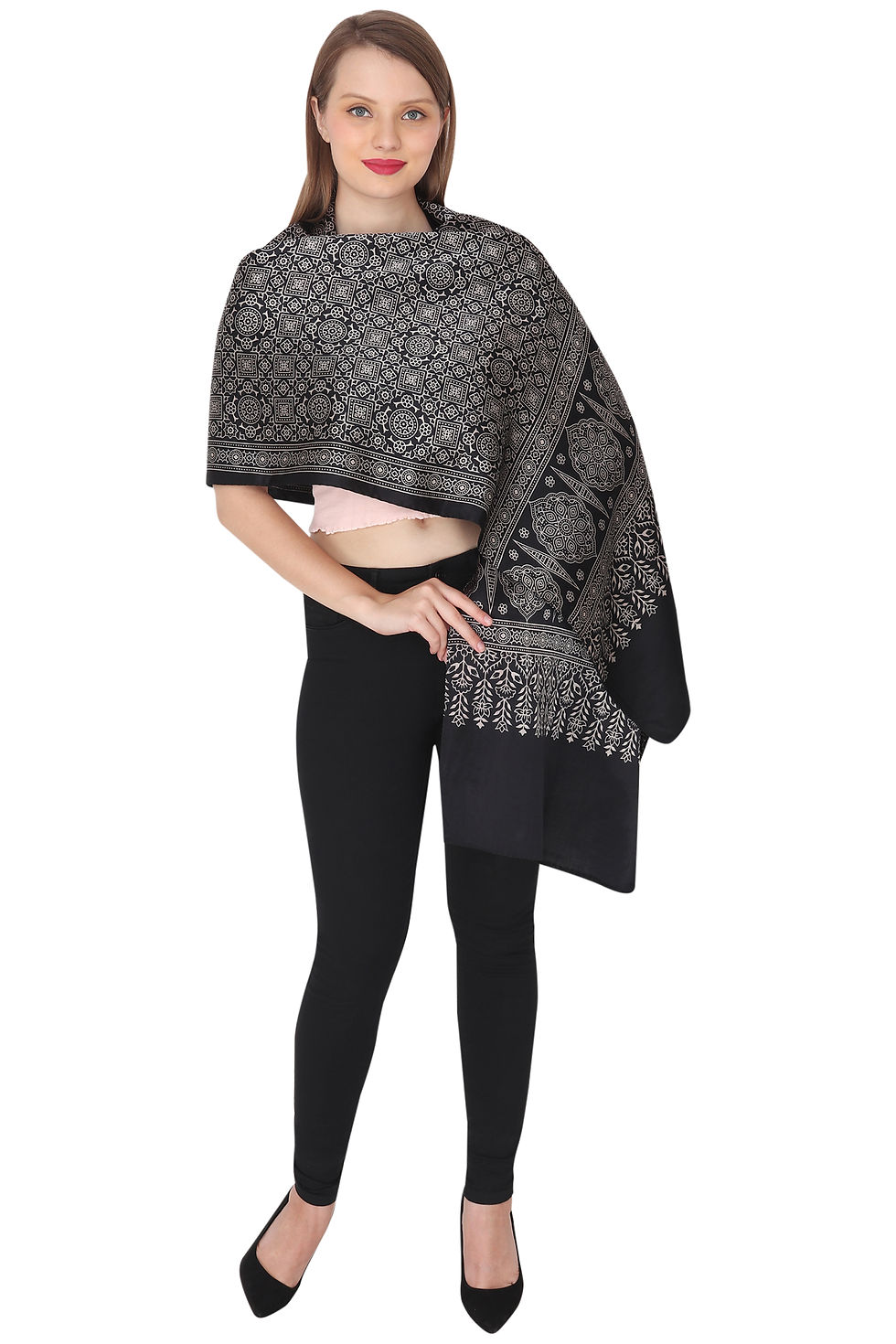 Thumbnail: Ajrakh Print Mashru Silk Stole (Black)