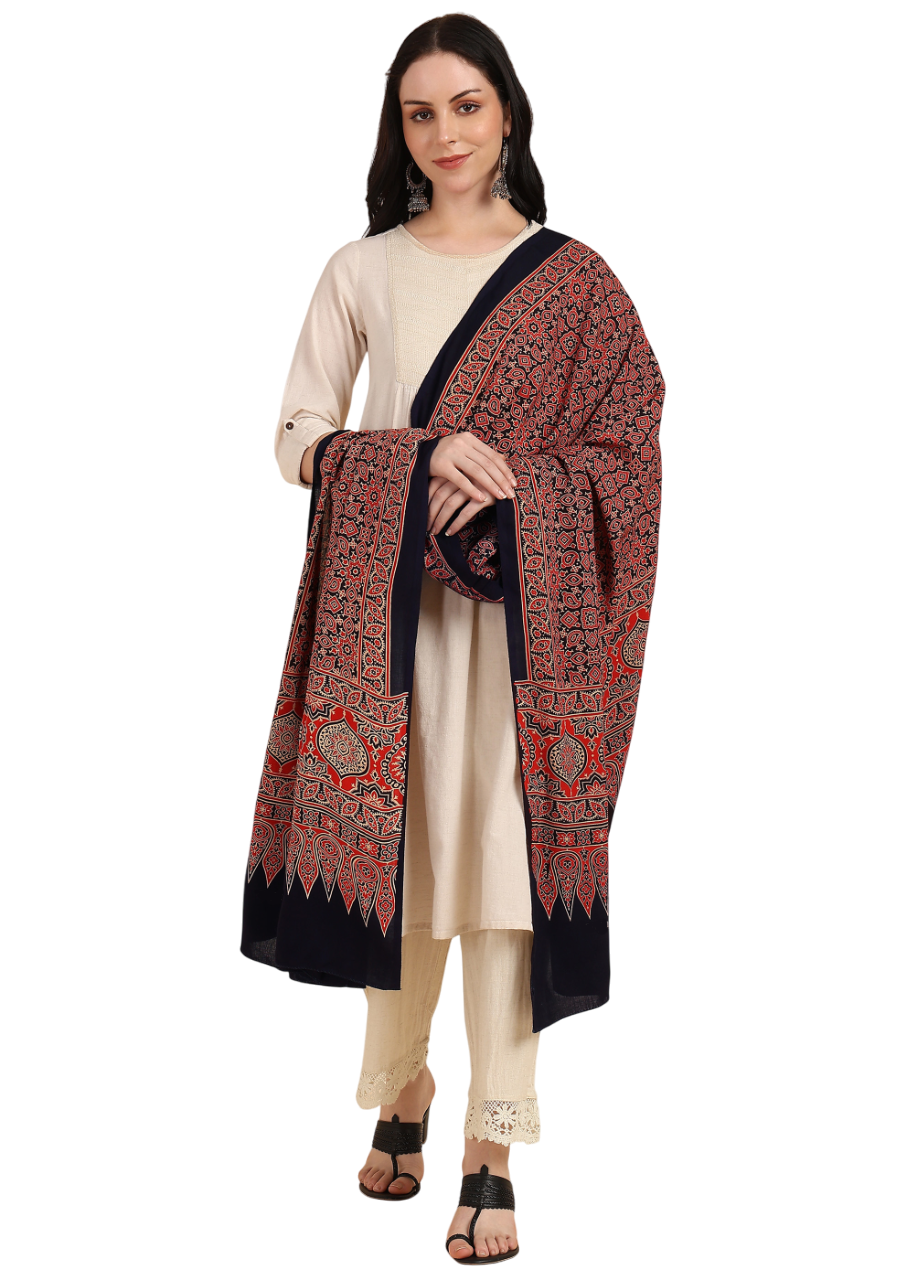Thumbnail: Ajrakh Block Print Rayon Dupatta (Blue)