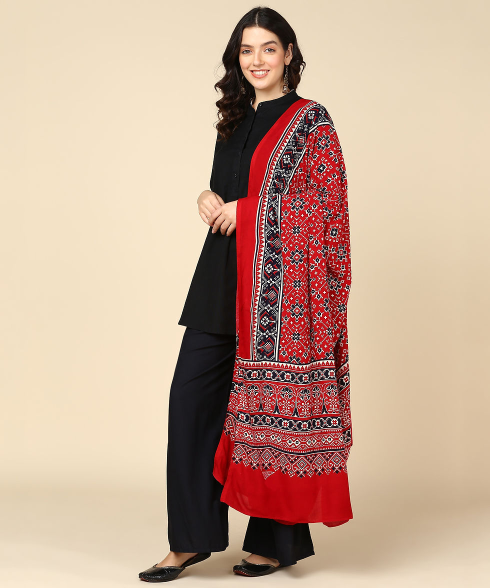 Thumbnail: Ajrakh Print Premium Rayon Dupatta (RED)