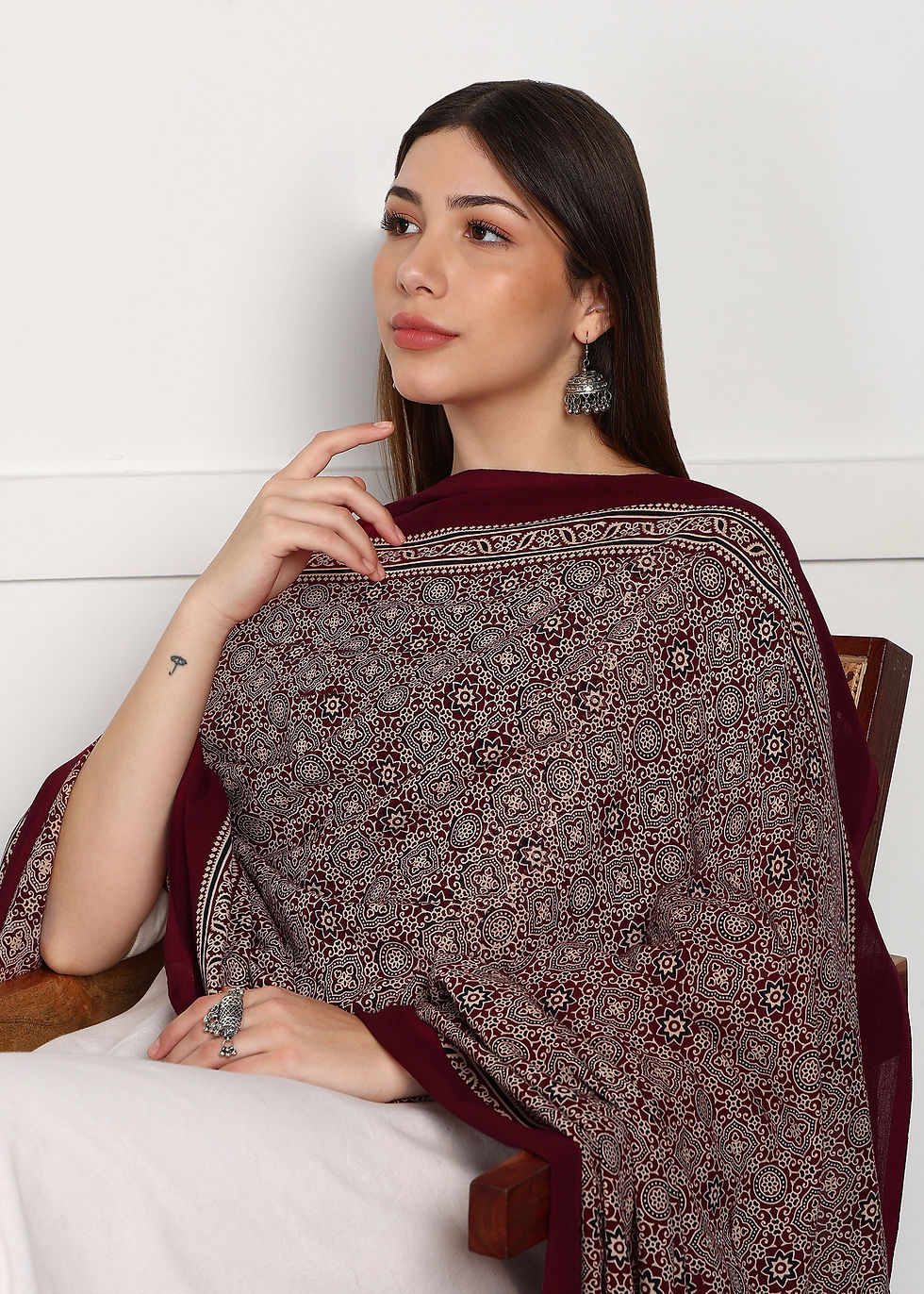 Thumbnail: Ajrakh Block Print Rayon Dupatta (Maroon)