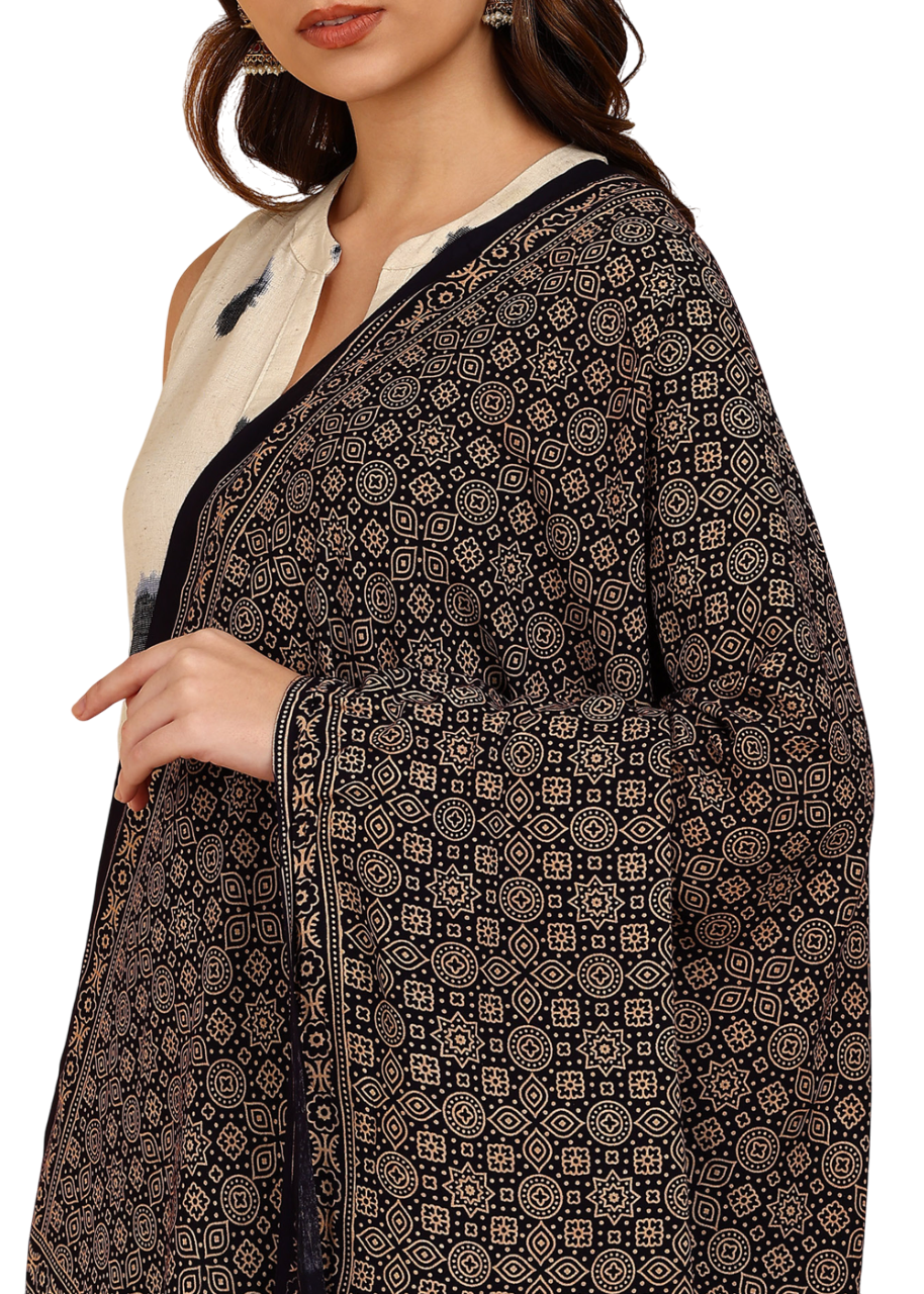 Thumbnail: Ajrakh Block Print Rayon Dupatta (Blue)