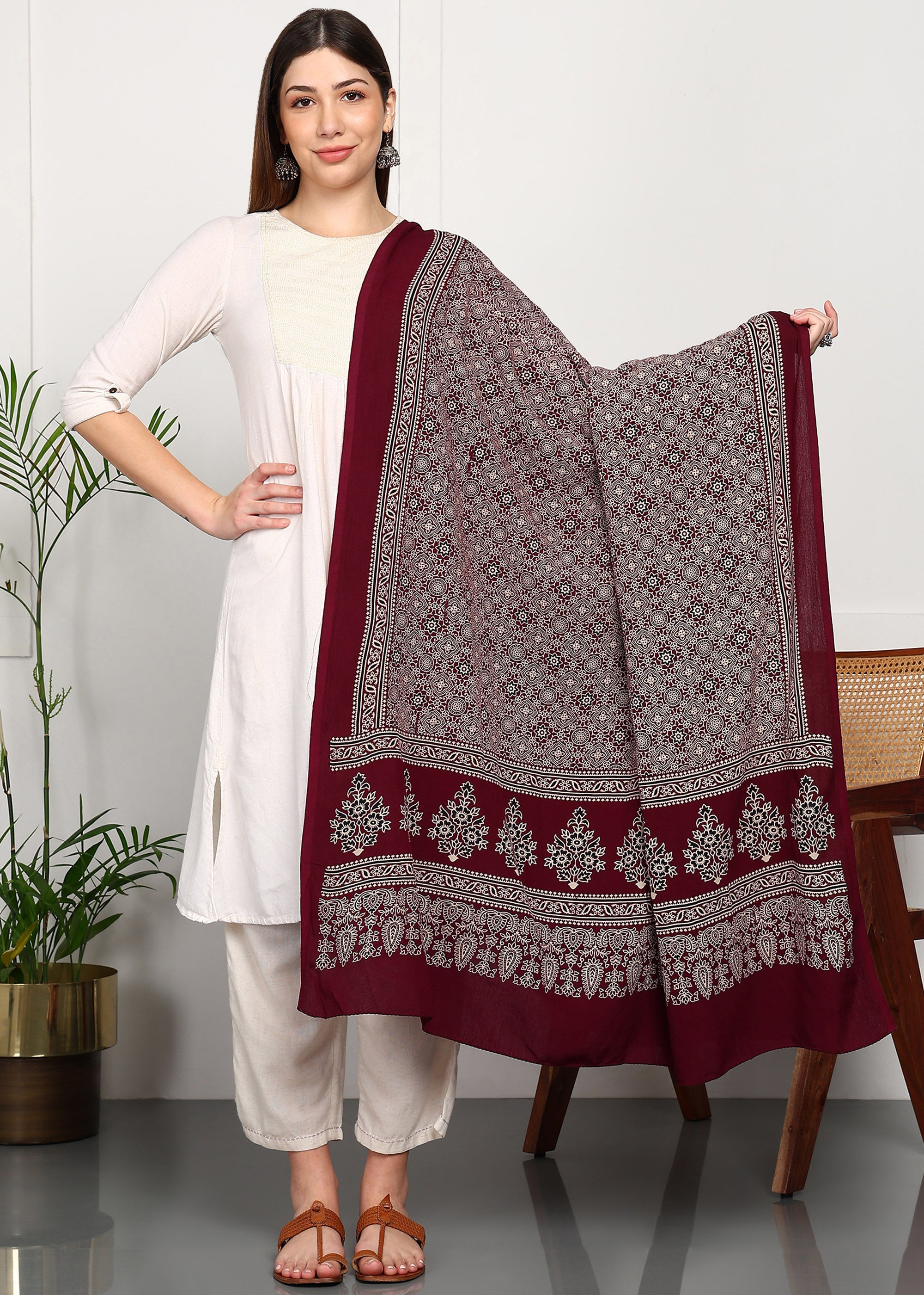 Ajrakh Block Print Rayon Dupatta (Maroon)