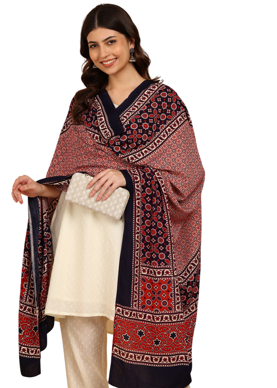 Thumbnail: Ajrakh Print Rayon Dupatta (Blue)