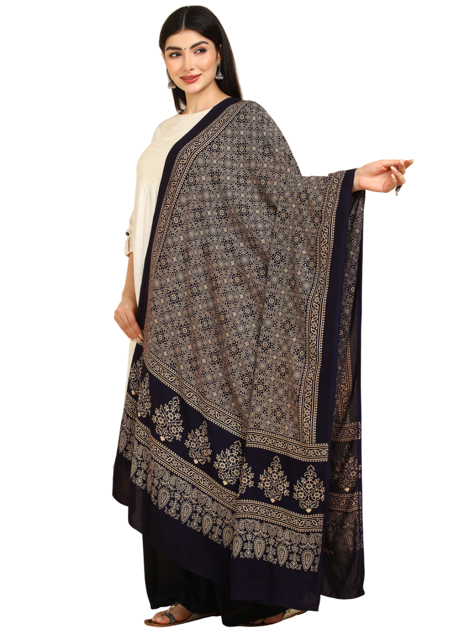 Thumbnail: Ajrakh Block Print Rayon Dupatta (Blue)