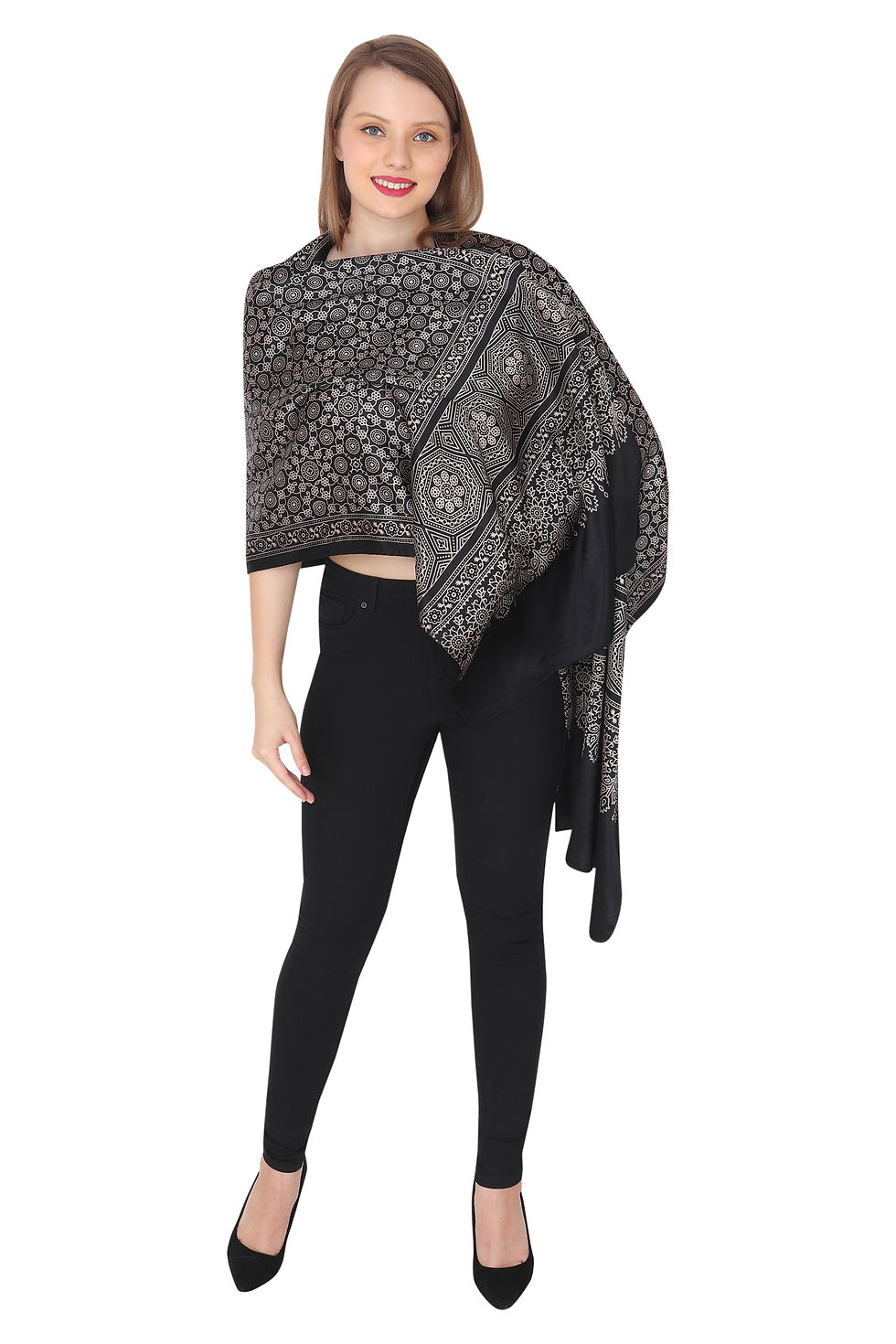Thumbnail: Ajrakh Print Mashru Silk Stole (Black)