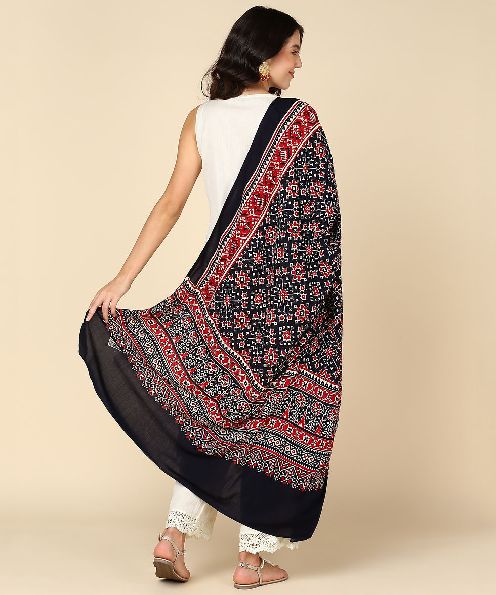 Thumbnail: Ajrakh Print Premium Rayon Dupatta (Navy Blue)