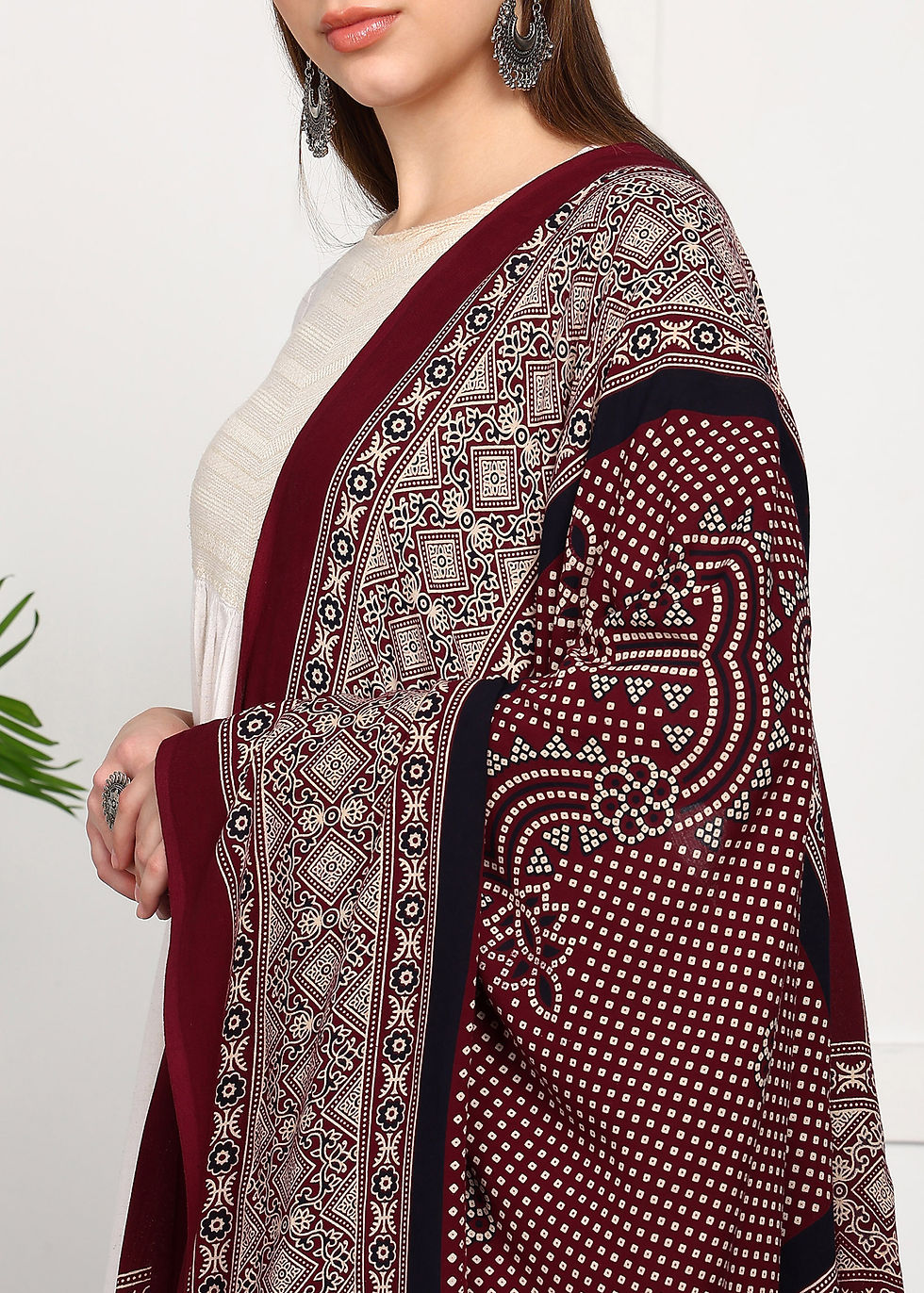 Thumbnail: Ajrakh Block Print Rayon Dupatta (Maroon)