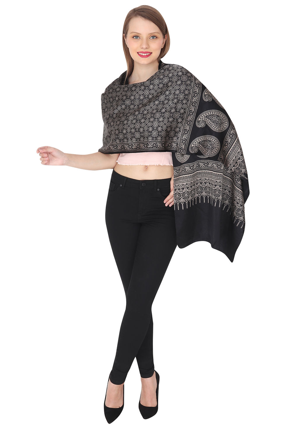Thumbnail: Ajrakh Print Mashru Silk Stole (Black)