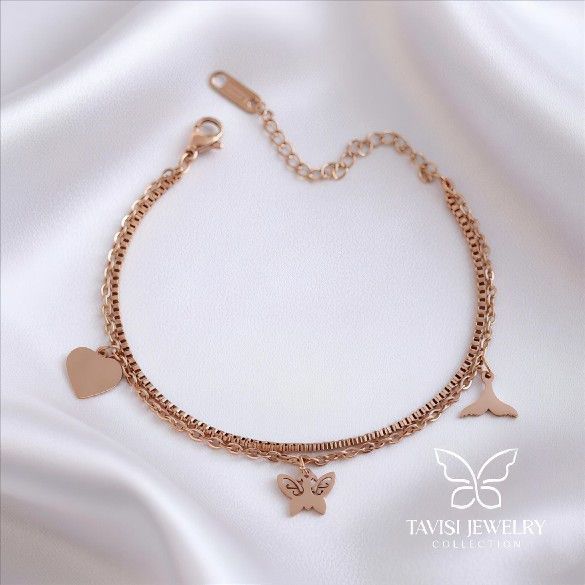 Rose Gold Butterfly Heart Charm Bracelet – Flat Lay