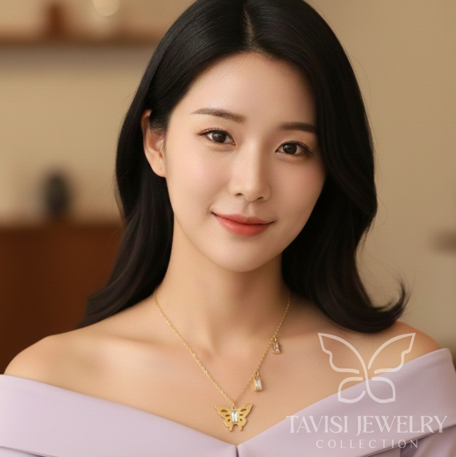 Crystal butterfly pendant necklace with gold tone finish product view