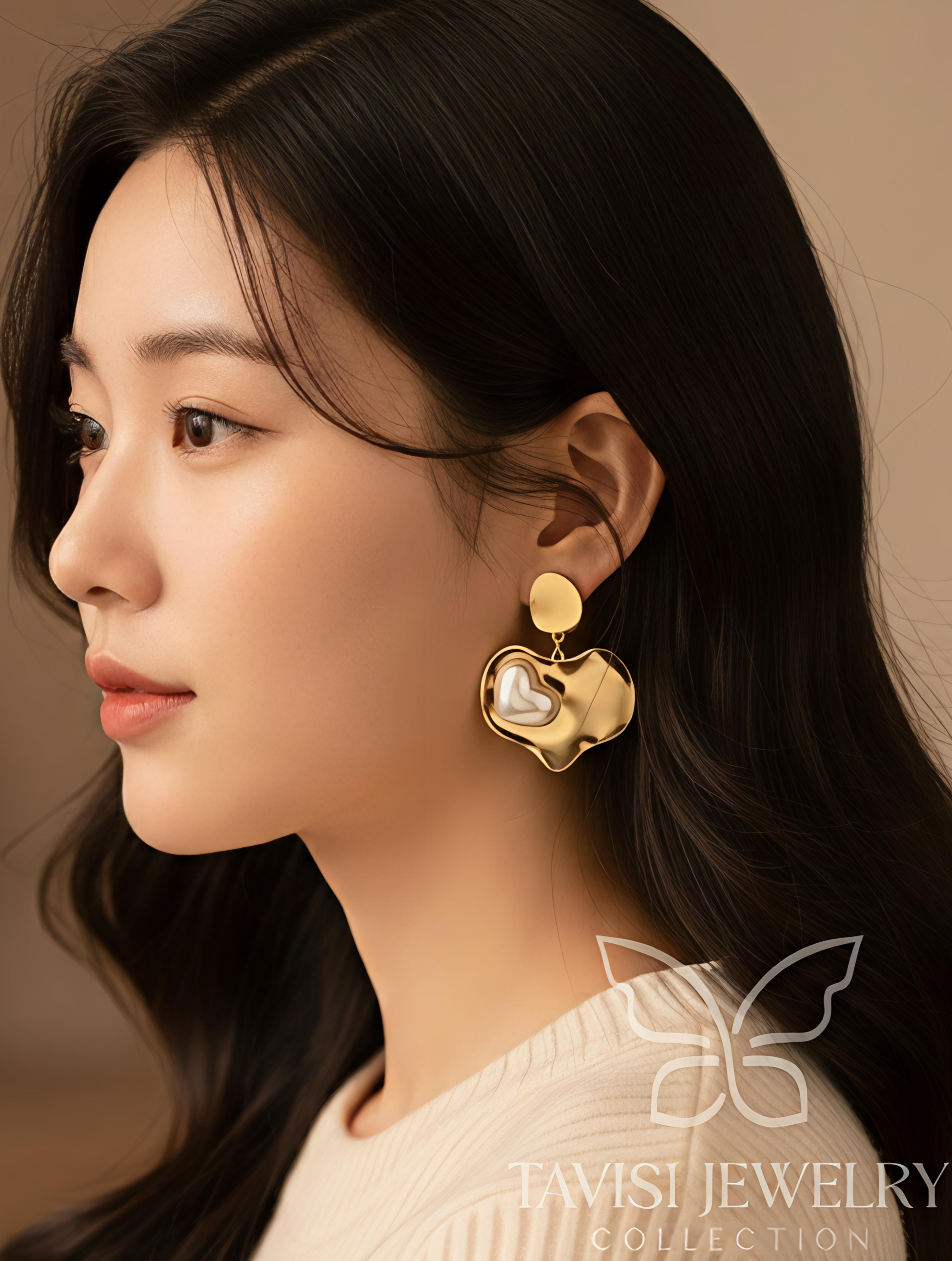 Gold heart drop earrings with pearl centre