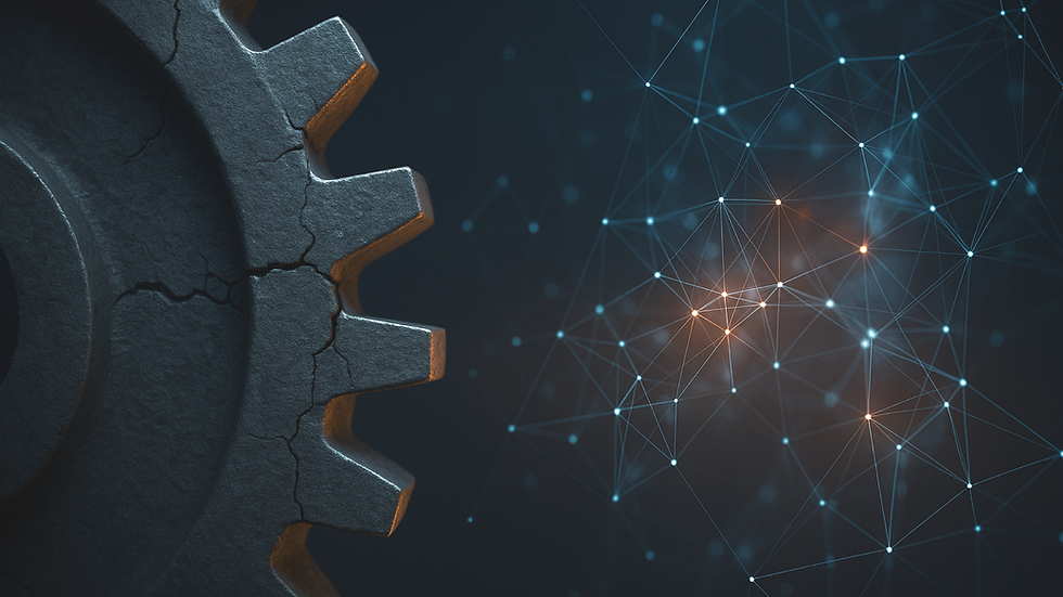 Close-up of a cracked gear against a dark blue background with glowing network lines and nodes. Orange highlights suggest a tech theme.