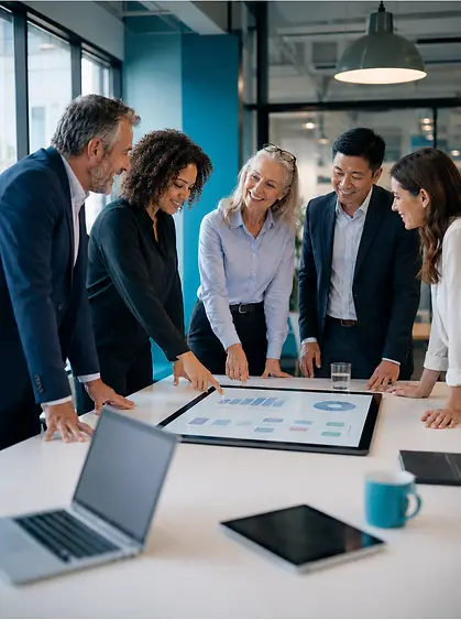 Business team reviewing operational workflow data on a shared digital table