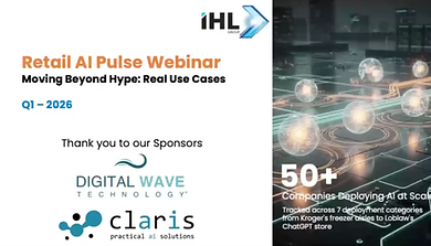 Retail AI Pulse Webinar Q1 2026 thumbnail featuring IHL Group branding, “Moving Beyond Hype: Real Use Cases,” sponsor logos (Digital Wave Technology and Claris), and graphic showing AI deployment across 50+ companies.