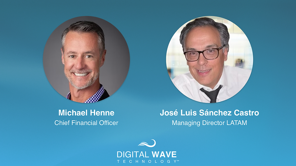 Two men smiling, labeled as Michael Henne, CFO, and José Luis Sánchez Castro, MD LATAM, on a blue background with Digital Wave logo.