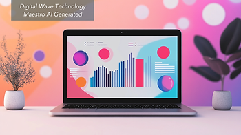 a laptop depicting colorful charts and depictions of data with plants on either side of it
