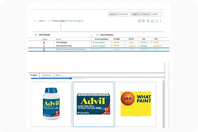Product information dashboard displaying Advil with attributes such as active ingredients, dosage, brand, and use cases like headache and fever relief. Multiple package images are shown below, highlighting digital product content management for healthcare and pharmaceutical products.