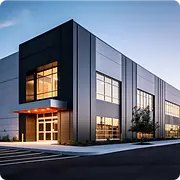 Modern industrial building with large windows and a clean, contemporary design.