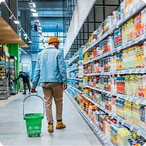 A man in a denim shirt walking in a grocery aisle, pulling a green cart behind him