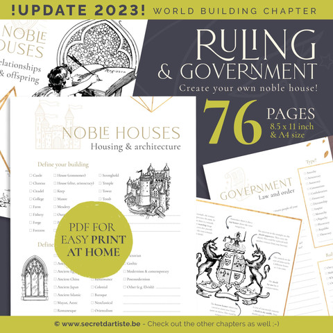 World building workbook, Government chapter, create your own rules and noble houses, 76 pages. Novel planner, novel journal, novel planning template, author planner.