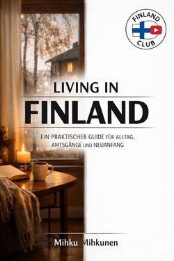 Premium E-Book-Cover "Living in Finland 2026" vom Finland Club mit moderner finnischer Wohnatmosphäre und professionellem Design.