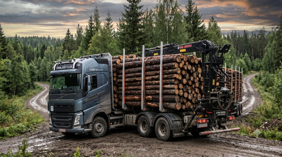 Vollbeladener Volvo FH16 Timber Truck auf matschiger Forststraße in Finnland mit HIAB-Jonsered Ladekran
