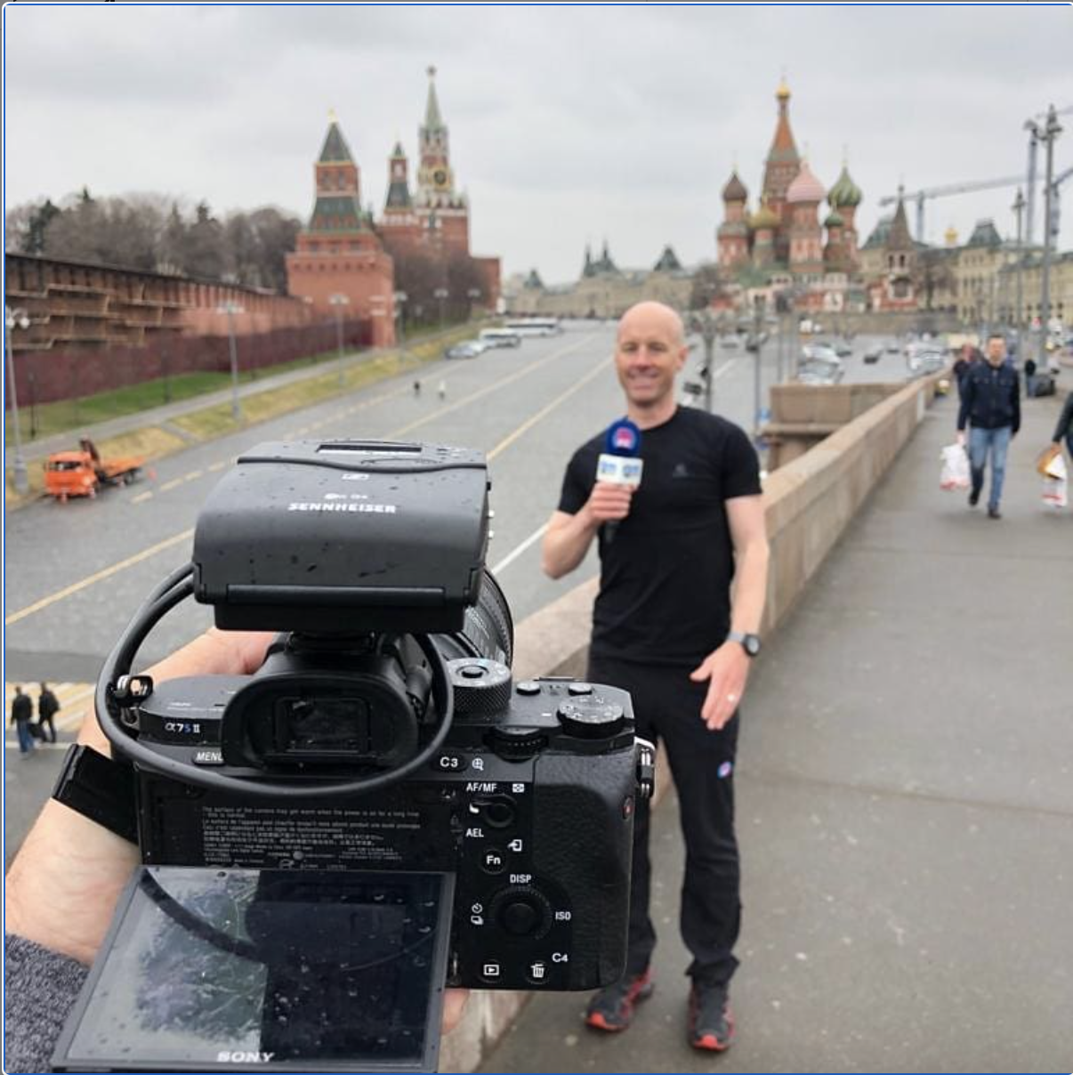Filming/shivering in Red Square, Moscow.