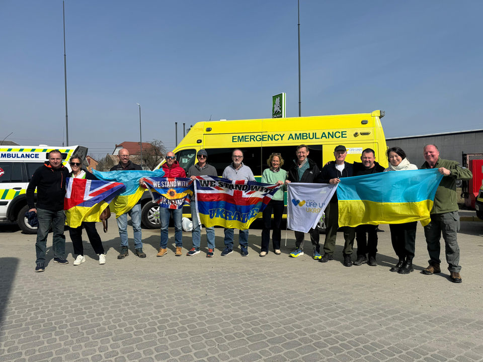 Our team stops to take a photo in sunny but cold Ukraine