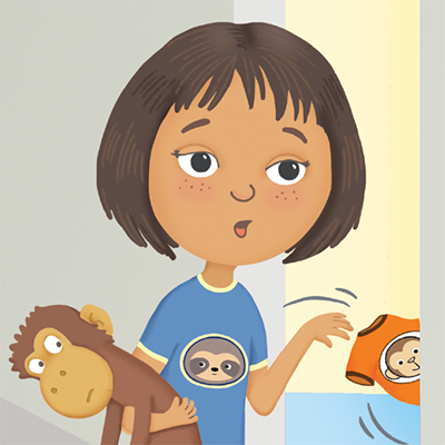 A disappointed child, holding a stuffed monkey and wearing a sloth shirt, discards her monkey shirt.