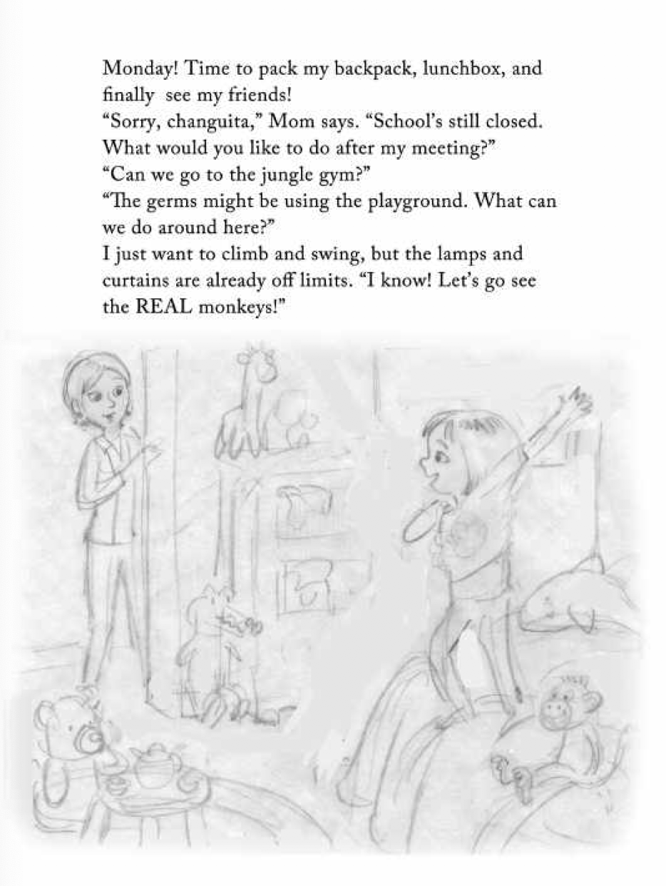 Sketch of young daughter getting dressed while mother talks to her from doorway of bedroom. Many stuffed animals in the room.