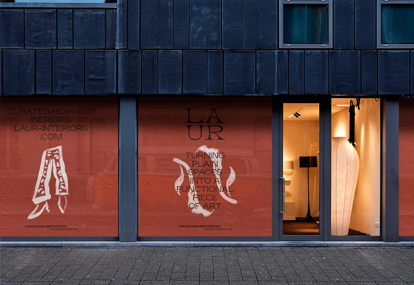 Storefront branding for Laur Interior Design Studio by Yana Vision, featuring terracotta window graphics, modern typography, and luxury minimalist art direction for high-end interior brand identity.