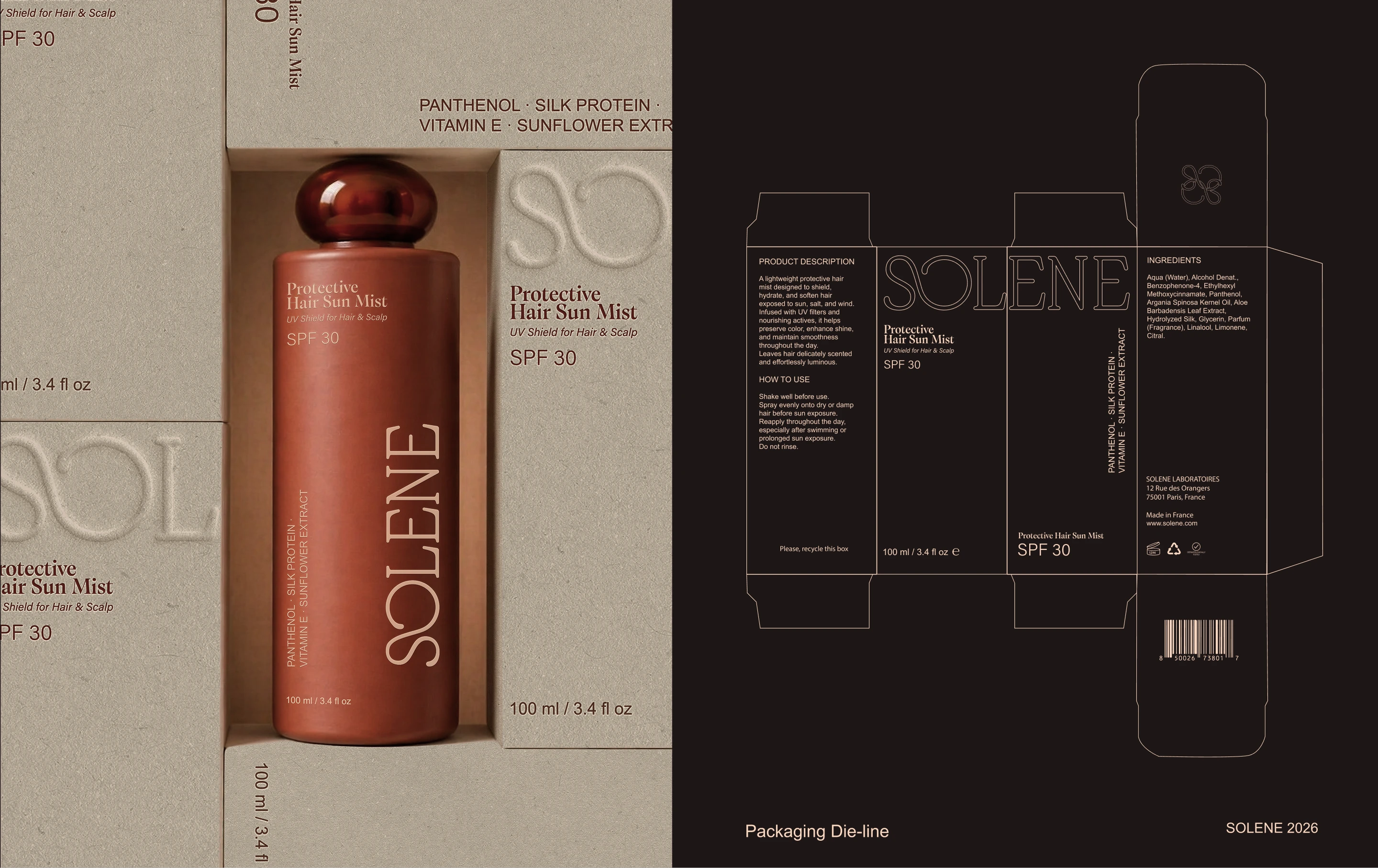 Solene SPF protective hair sun mist packaging layout showing the product bottle inside textured box panels beside a black packaging dieline with label details and barcode.