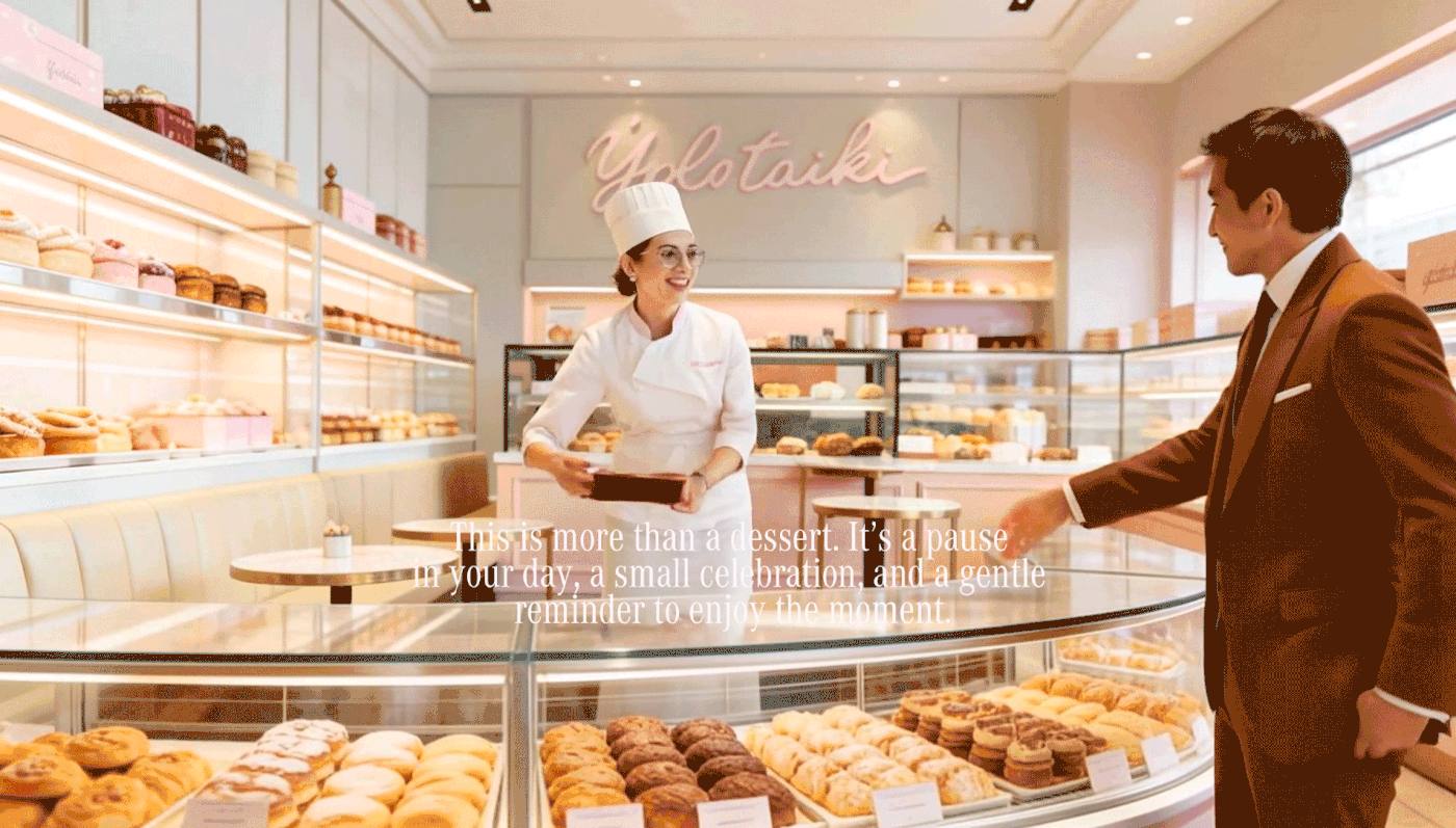 Interior of Ypletaiki sweet shop showing chef serving a customer across a curved glass pastry display, highlighting boutique café branding and warm pastel design.
