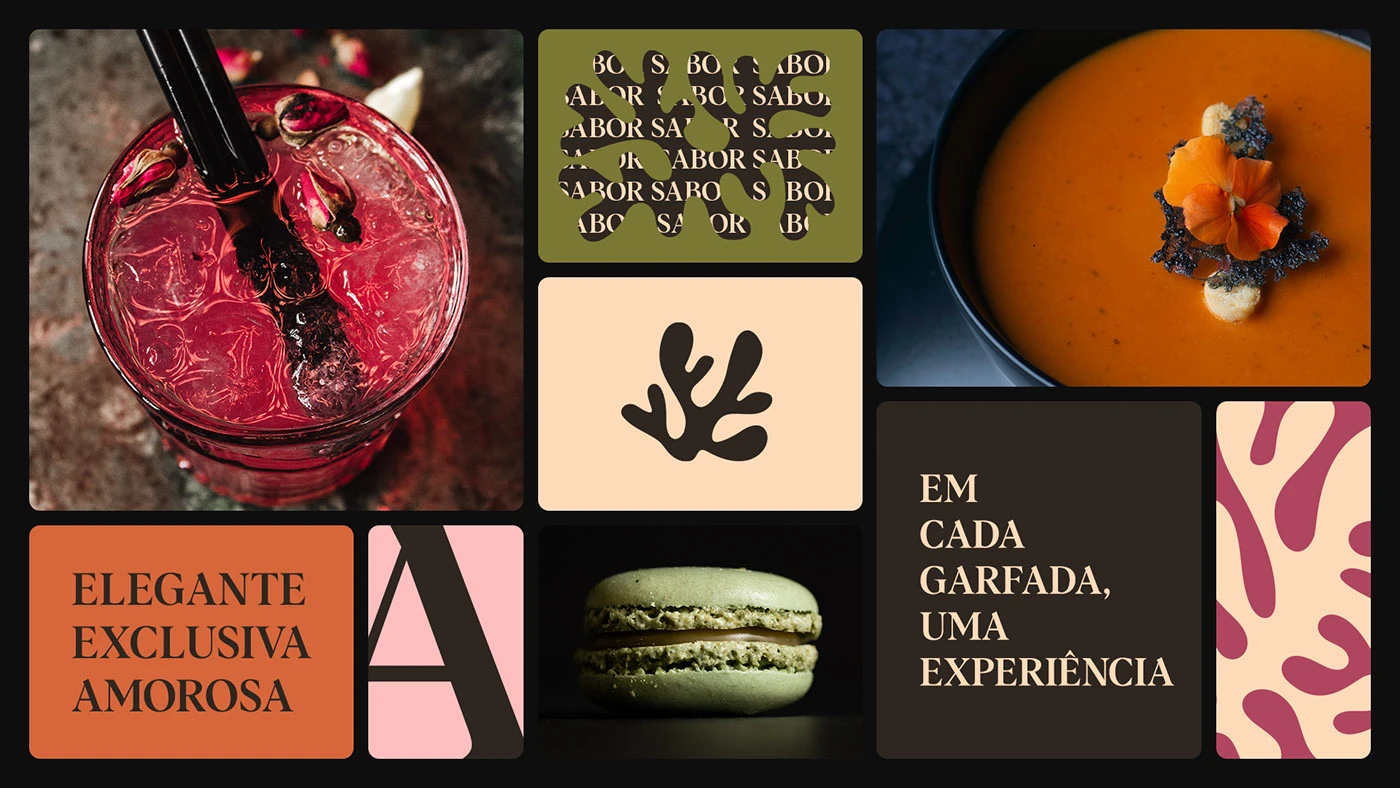 Patrícia Nery culinary chef brand identity collage featuring editorial typography, organic shape motifs, bold color blocking, and gastronomy photography including cocktails, soup, and macarons