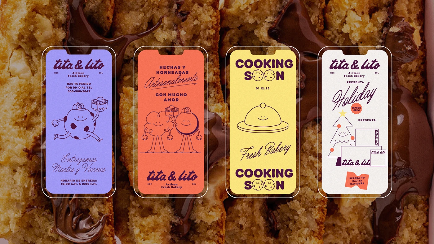 Series of Tita & Lito mobile screens in lavender, coral, yellow, and white showing bakery promotions and cheerful cookie characters, reflecting playful illustration and cohesive digital branding.