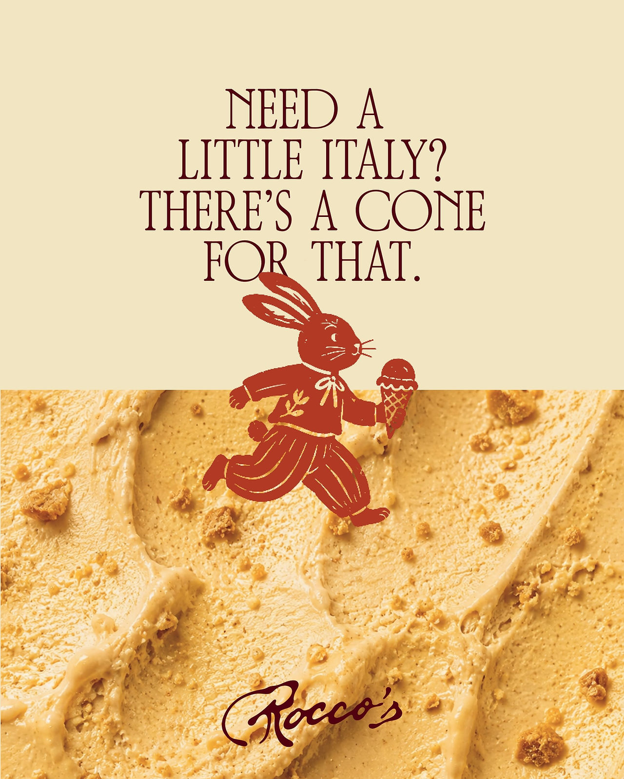 Playful Rocco’s gelato graphic featuring the illustrated hare mascot running with an ice cream cone over a creamy gelato texture.