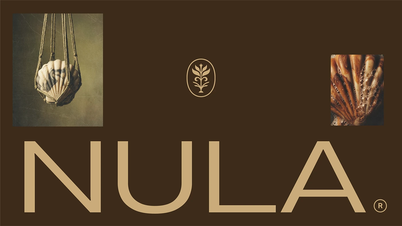 NULA brand identity presentation featuring the minimalist wordmark, botanical emblem, sculptural shell soap, and earthy brown color palette.