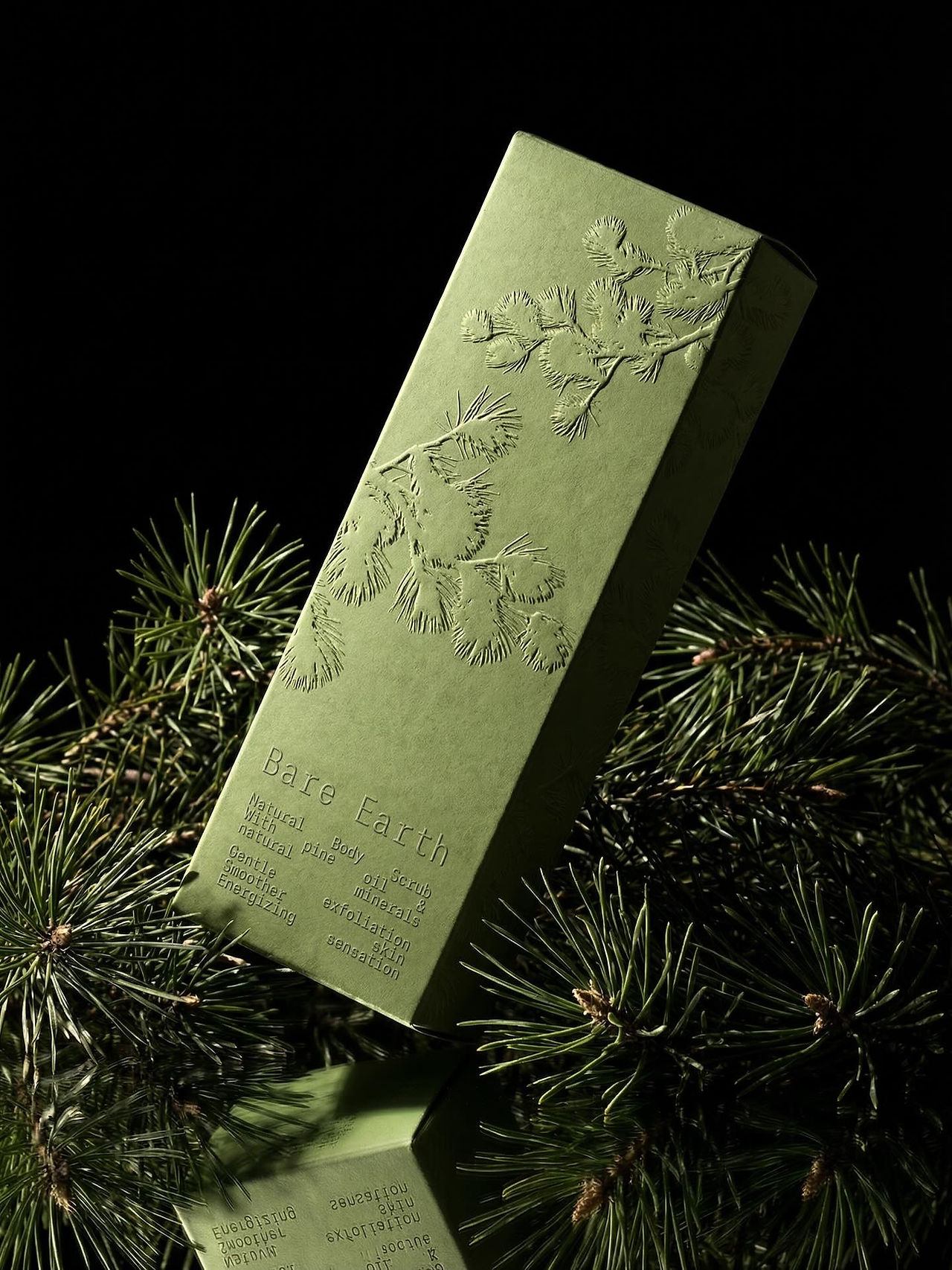 Bare Earth natural skincare packaging box with embossed pine branch illustration standing among pine needles on a reflective black surface.