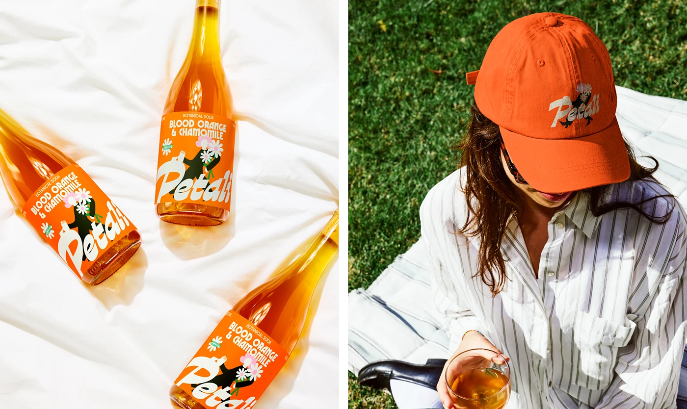 Petali Soda glass bottles with bright orange labels and floral artwork beside a woman in matching Petali cap—lifestyle branding with nostalgic design energy.
