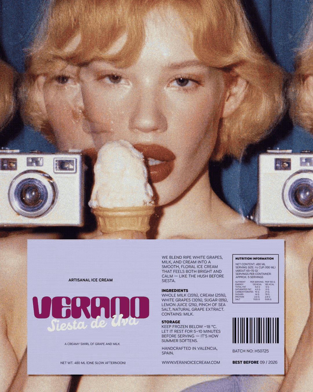 Editorial-style Verano Ice Cream imagery showing a mirrored portrait of a woman holding an ice cream cone, paired with the Siesta de Uva label design and vintage camera elements for a nostalgic, sun-soaked aesthetic.