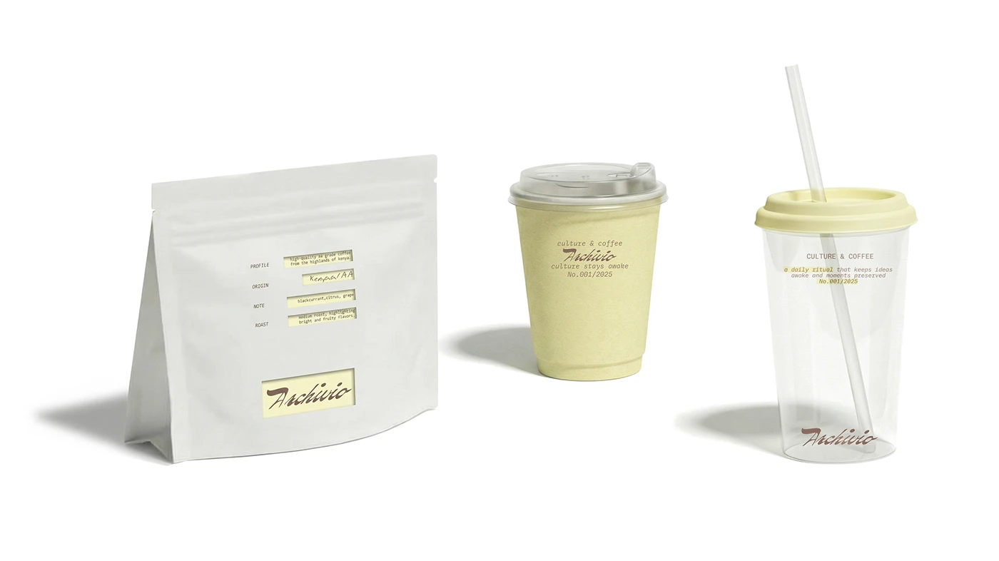 Archivio Coffee Cultura coffee packaging set featuring resealable coffee pouch, pastel takeaway cup, and iced drink cup with handwritten annotation typography.
