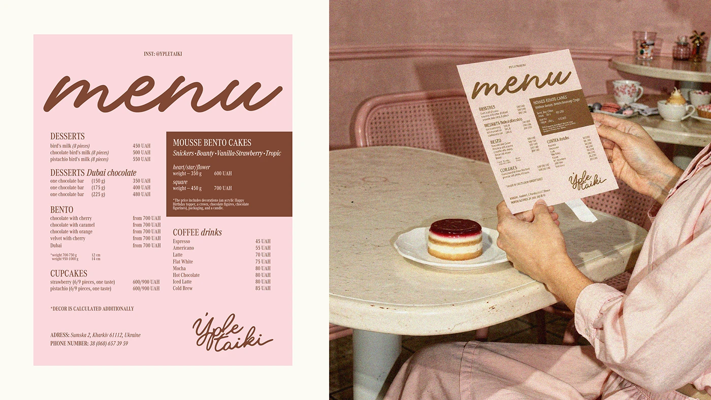 Menu design and café lifestyle scene for Ypletaiki sweet shop featuring blush pink printed menu layout with brown script typography alongside a plated dessert in a pastel interior setting.