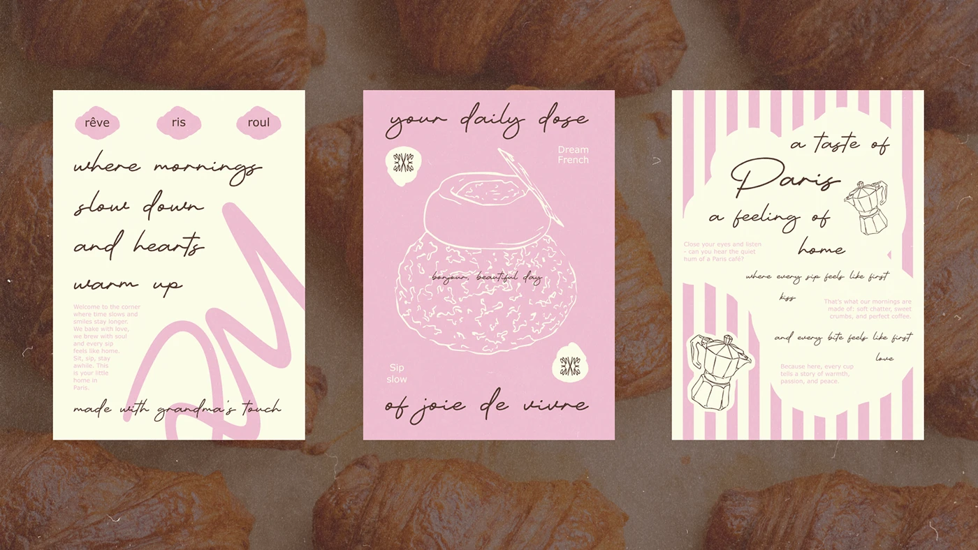Three Mon Chou posters featuring handwritten phrases, pastel stripes, French illustrations, and branding elements centered on warmth, nostalgia, and “grandma’s touch.”