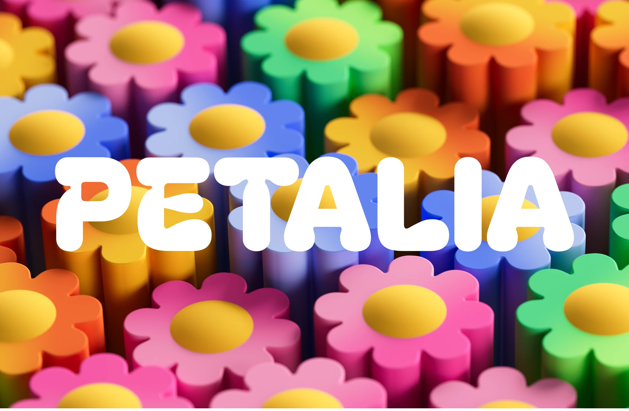Close-up PETALIA brand image showing colorful flower-shaped fragrance caps arranged in a bright pattern with a large white PETALIA wordmark across the center.